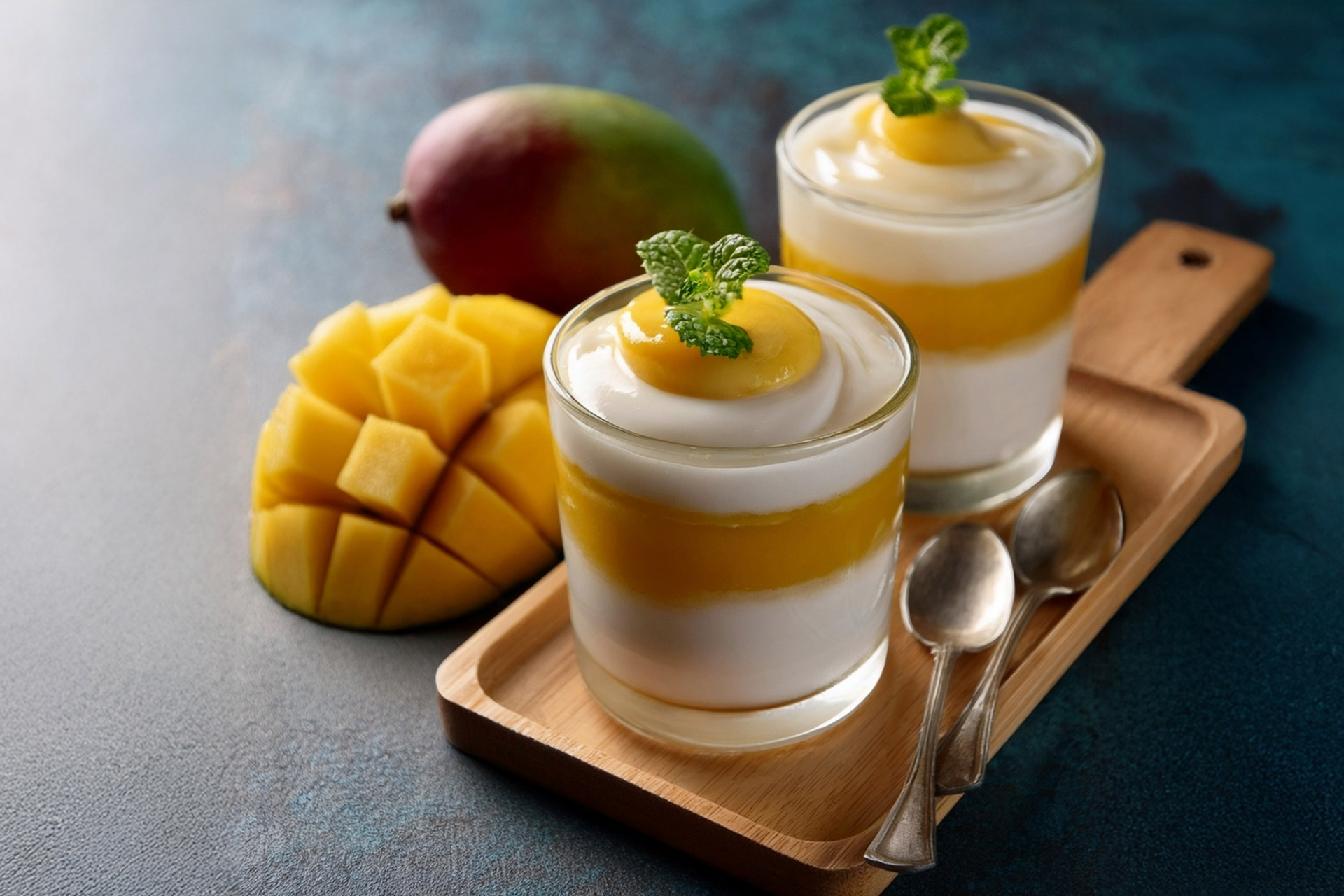 Cold yogurt and mango cream made with Horeca preparation made in Italy